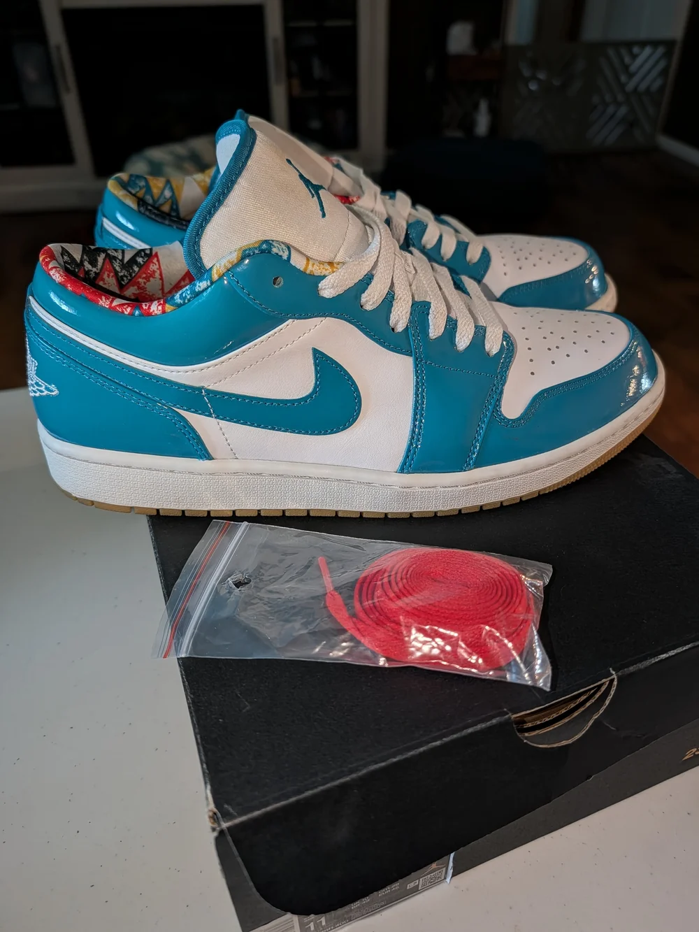Jordan Men's Low-Top Sneakers in White & Teal with Red Laces 